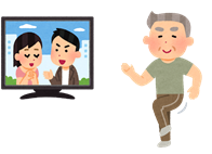 テレビを見ながら足踏みストレッチをする高齢男性のイラスト