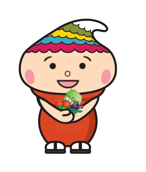 特徴的な帽子をかぶり野菜を抱えたふでりんのイラスト