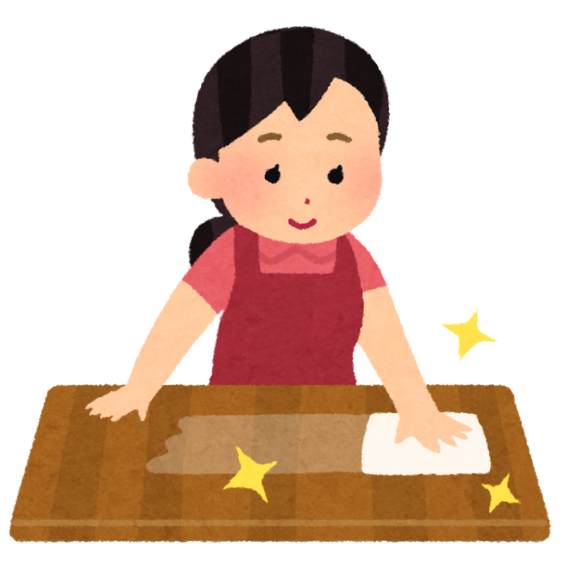 雑巾でテーブルを拭く女性のイラスト