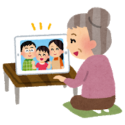 テレビ電話で家族と会話する高齢女性のイラスト