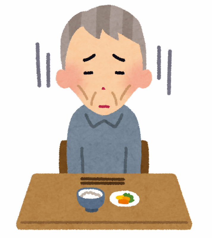 御膳を前に少食で痩せている男性のイラスト