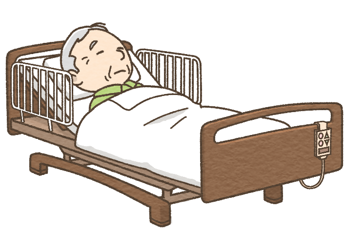 ベッドの横になったまま動けない男性のイラスト