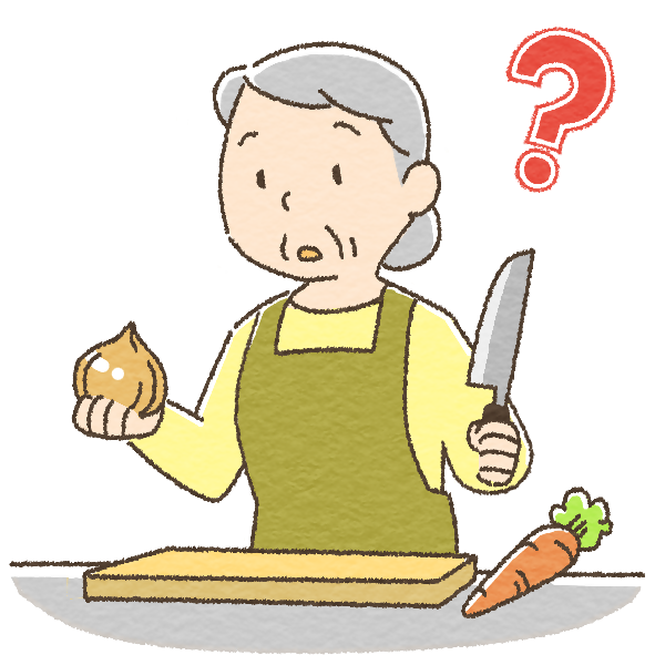 たまねぎと包丁を持ったまま困惑している女性のイラスト