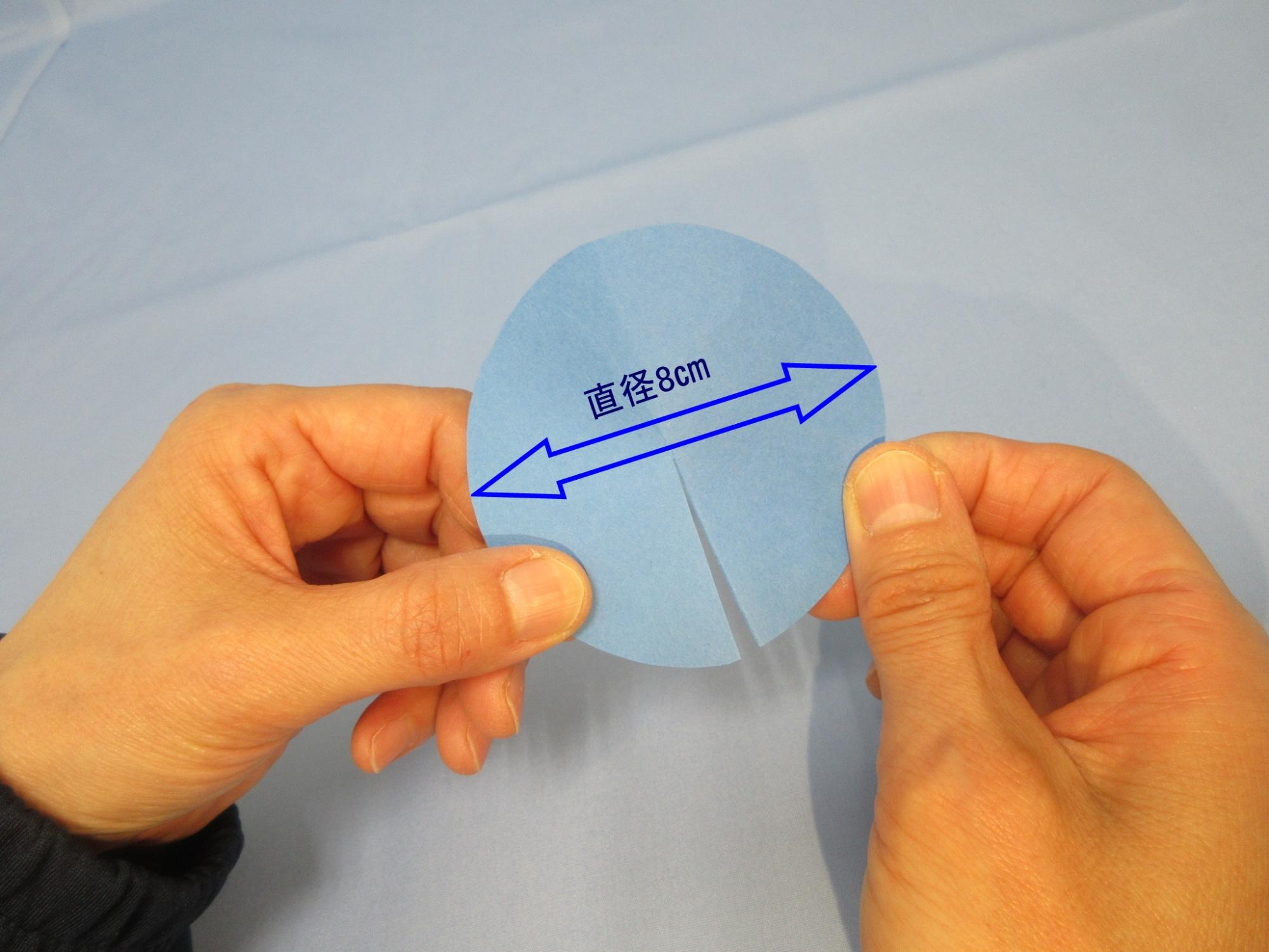 青くて丸い紙に「直径8センチメートル」と補足が書かれている写真
