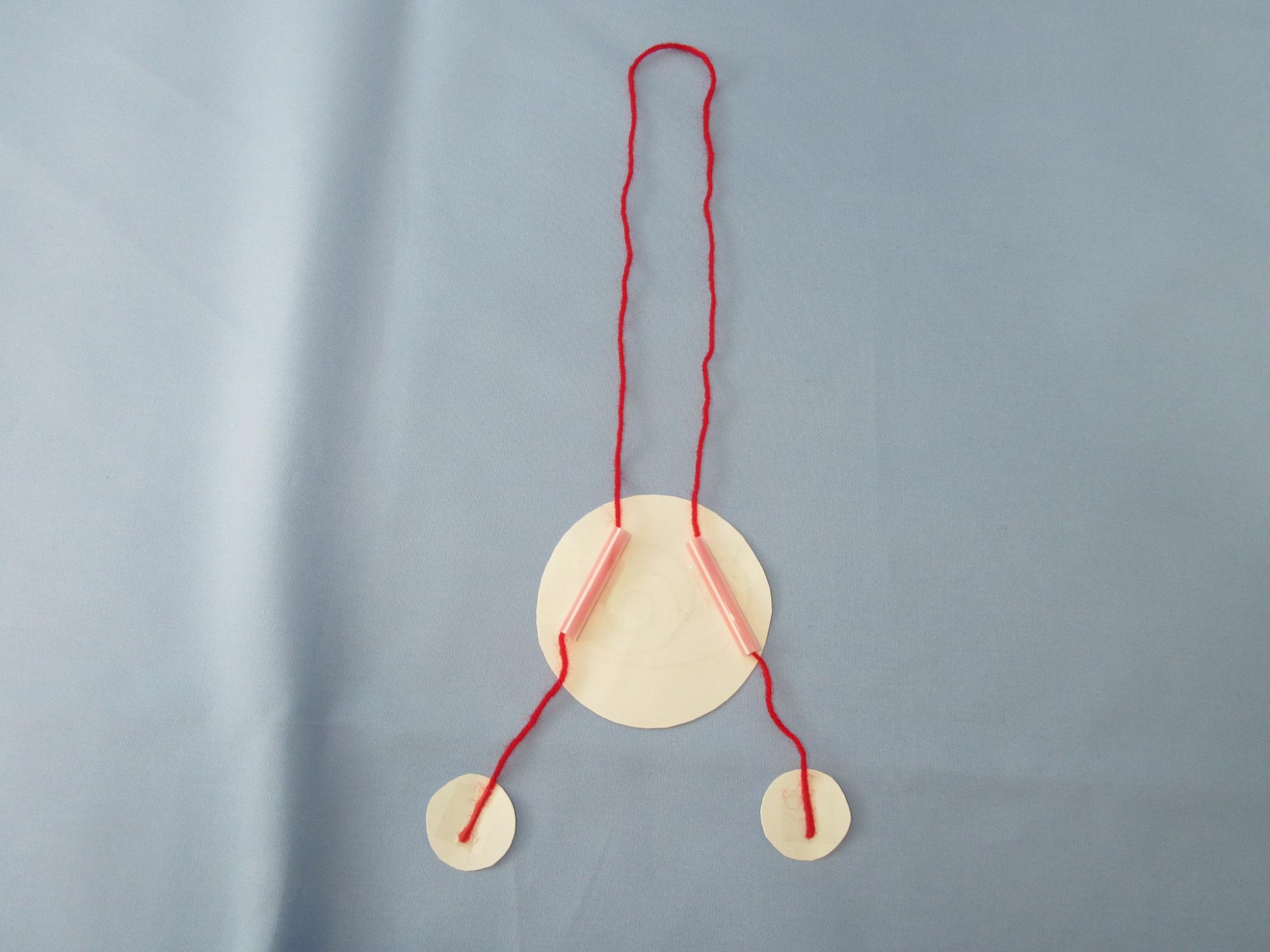 丸い紙に付けられた短いストローに赤いひもが通されている写真