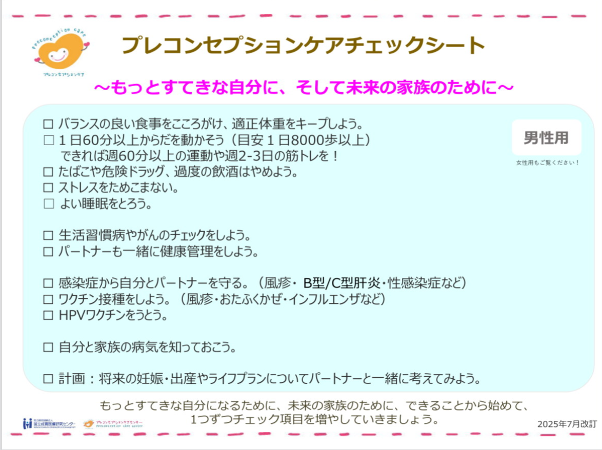 男性用の健康管理について書かれたプレコンセプションケアのチェックリスト