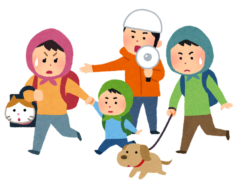 ペットや子供を連れて避難する人達のイラスト