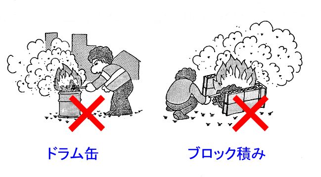 ドラム缶やブロックを使った火の使用が禁止されていることを示すイラスト