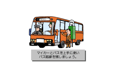 バスに乗る人と運転手の様子とともに 「マイカーとバスを上手に使いバス路線を残しましょう。」 という呼びかけ文が入ったイラスト