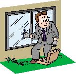 男性が窓ガラスを割って家の中に侵入しようとしているイラスト