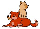 手前で伏せている犬と、後ろで座っている2匹の犬のイラスト