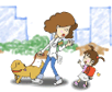 犬を連れた女性が、子どもに向かって手を振っているイラスト