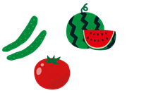 きゅうりやトマトやスイカなどの夏野菜のイラスト