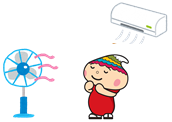 エアコンや扇風機を活用し涼しく過ごすふでりんのイラスト