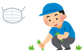 屋外でマスクを外して草むしりをする男性のイラスト