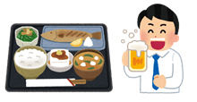 ご飯と一緒にビールを飲む男性のイラスト