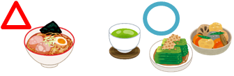 ラーメンに三角マーク、緑茶や煮物類に丸マークがついているイラスト