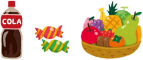 コーラ、飴、果物のイラスト