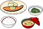 ご飯、味噌汁、焼き魚、おひたしのイラスト