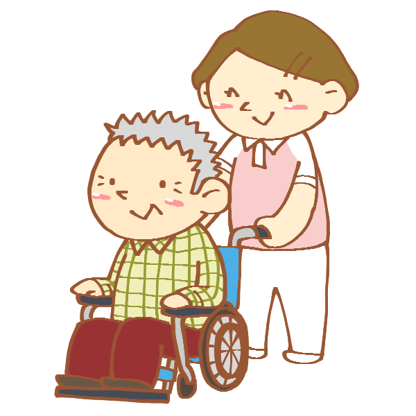 車椅子の男性と介護する女性のイラスト