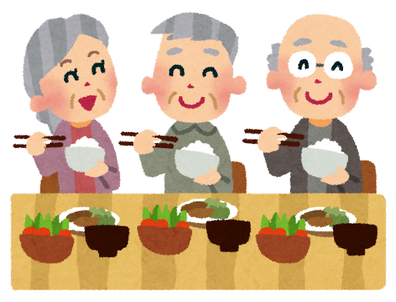 食事を楽しむ3人の高齢男女のイラスト