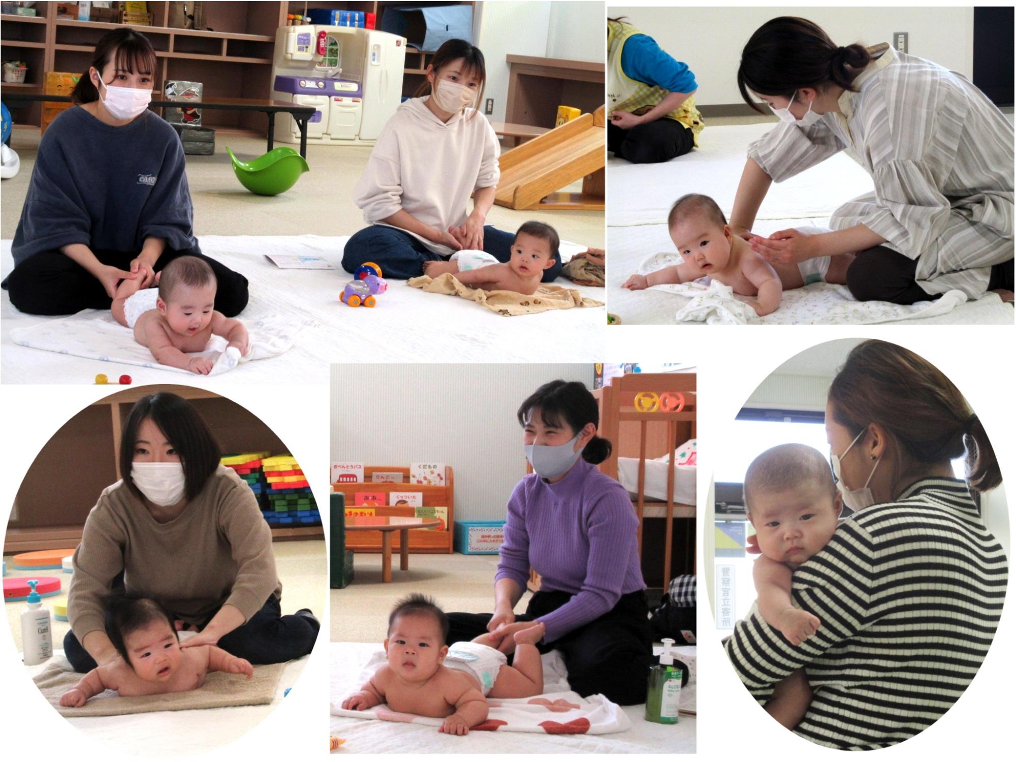 赤ちゃんをマッサージする女性の写真5枚と赤ちゃんを抱く女性の写真1枚が並んでいる写真