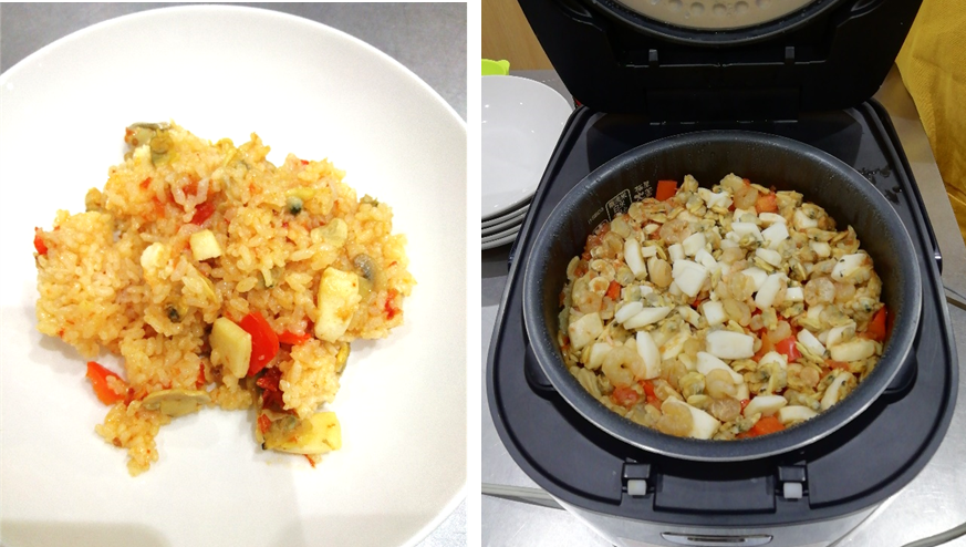 お皿に盛られたパエリアと炊飯器に入っているパエリアの写真が2枚並んでいる写真