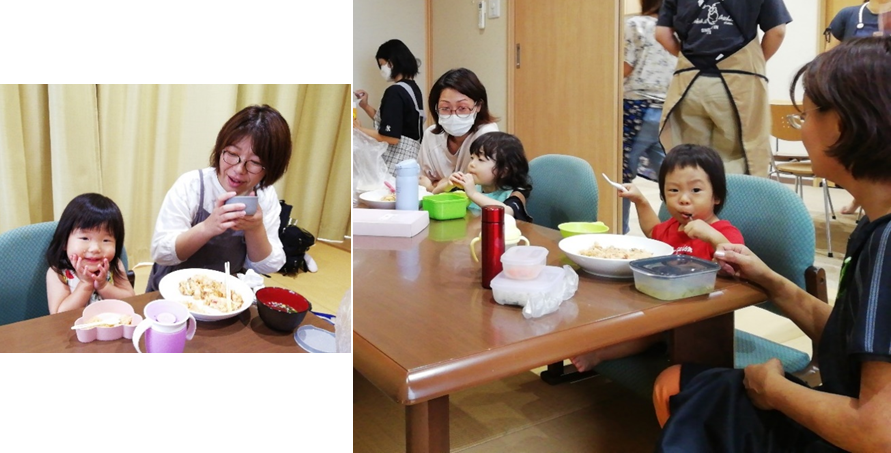 テーブルを囲んでご飯を食べている親子たちの写真が2枚並んでいる写真
