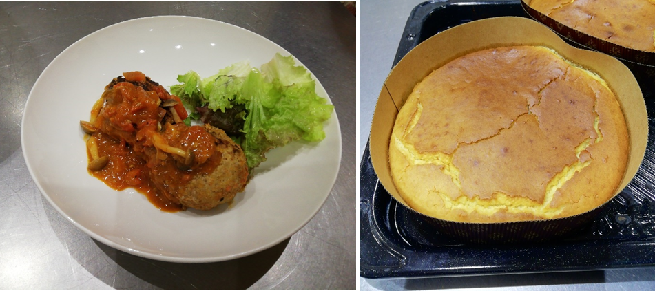 お皿に盛られたハンバーグの写真と耐熱プレートに乗せられたチーズケーキの写真が並べられている写真