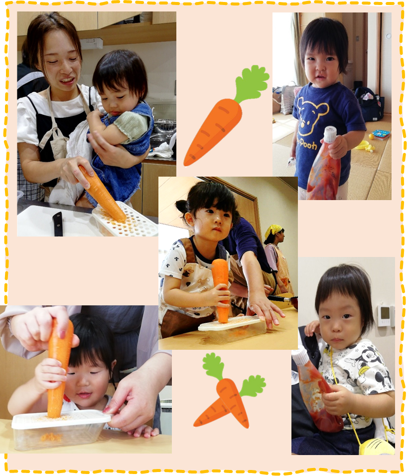 人参を削っている親子やケチャップを持った子供の写真が5枚並んでいる写真