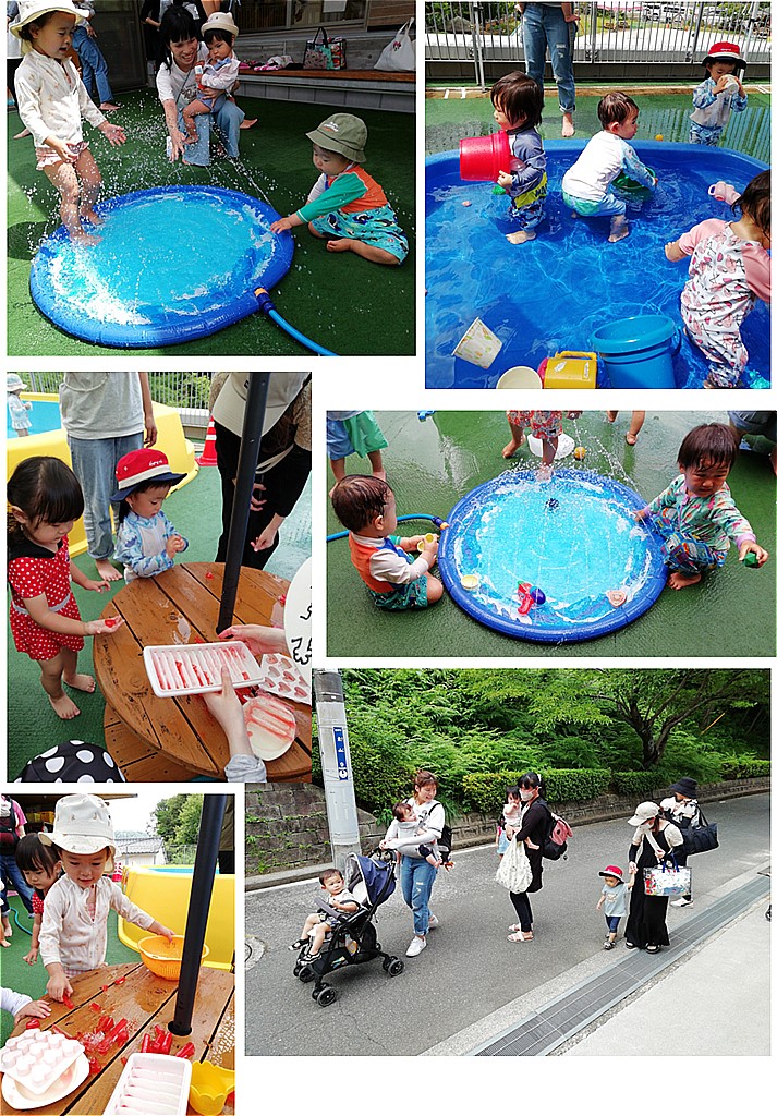 ビニールプールで遊ぶ子どもたちの写真など6枚が並べられている写真