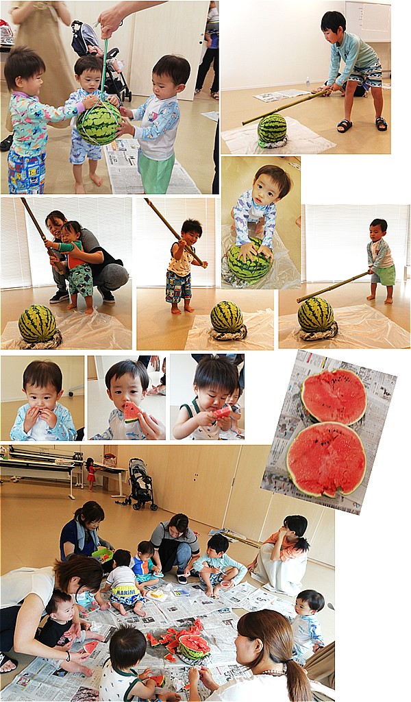 スイカ割をしている子供たちやスイカを食べている親子たちの写真が11枚並んでいる写真