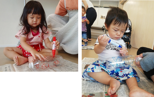 ペットボトルにマジックで絵を描いている子供の写真2枚が並んでいる写真