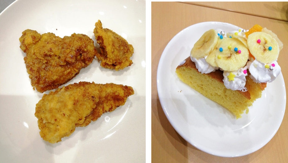 揚げられたチキンやバナナの乗ったケーキがお皿に乗せられている写真が2枚並んでいる写真
