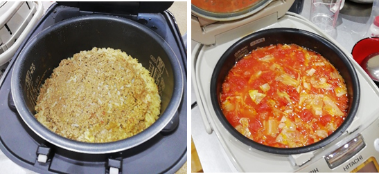 炊飯器で炊かれたご飯や炊飯器で作られたミネストローネの写真が2枚並んでいる写真