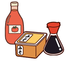 ケチャップ・味噌・醤油が並べられているイラスト