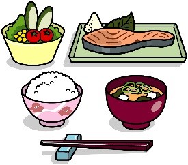 サラダ・焼き鮭・みそ汁・ご飯が並べられているイラスト