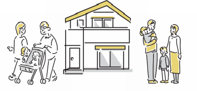 二組の子ども連れの家族と二階建ての一軒家のイラスト