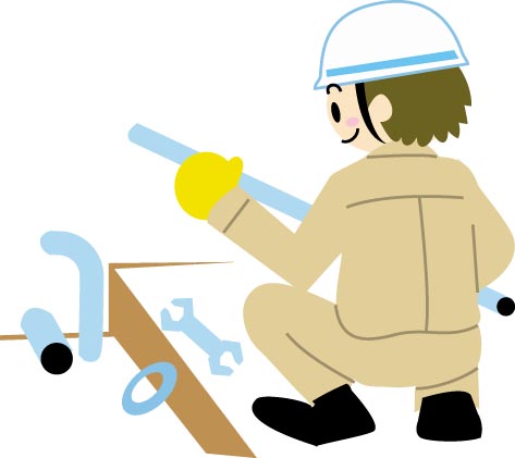 ヘルメットを被り作業服を着て排水管の工事をしている人物のイラスト