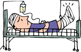 病室のベッドで頭や足に包帯を巻いた人物が横になって休んでいる様子のイラスト