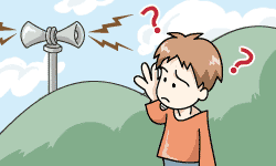 スピーカーから流れる放送を、聞き取ろうとしているオレンジのTシャツの男性のイラスト。