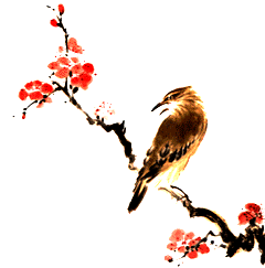 咲かせた梅の枝に、茶色の可愛らしいウグイスが止まっているイラスト