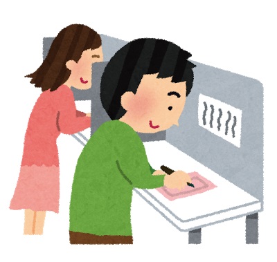 男性と女性が投票記載所で投票用紙に記入しているイラスト
