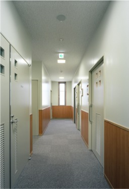 突き当りの縦に長い窓から光が差し込んでいる廊下の写真