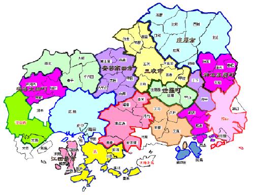 新設合併を予定しており、新市町名が決定したものが各地域ごとに色分けされている地図