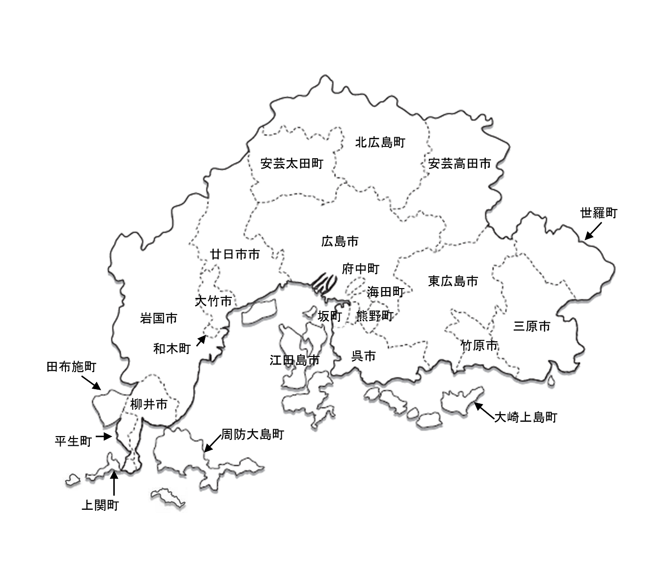 日本地図から広島県部分を切り取り市町村の境界を点線で区切り市町村名が入れられた県の地図