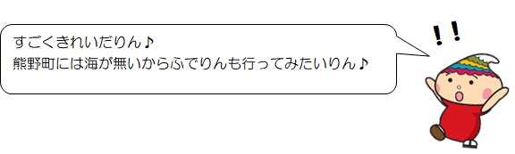 「すごくきれいだりん 熊野町には海が無いからふでりんも行ってみたいりん」と話すふでりんのイラスト