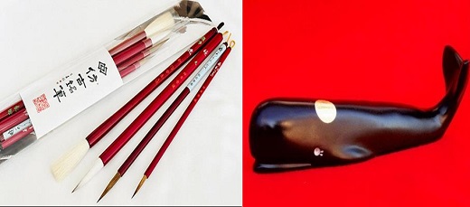 画像右：那智黒石 くじら文鎮、画像左：熊野筆 書家向け 人気の暁4本セットの商品写真