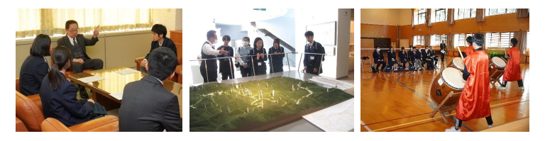 応接室での対話、展示の見学、和太鼓の演奏の3つのシーンを1枚にまとめた写真