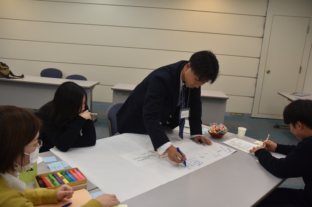ワークショップにて、机に広げた模造紙に自分たちのアイデアを書いてまとめている写真
